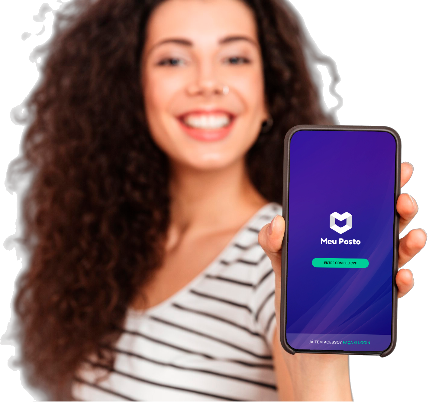 Woman holding a smartphone showing the Meu Posto app